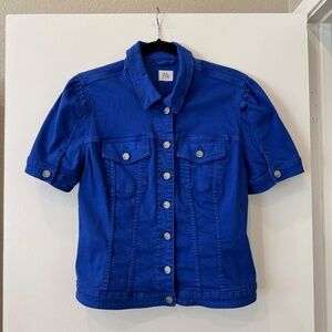 Wash Lab Nordstrom Puff Sleeve Denim Jacket Navy Cropped Women's M